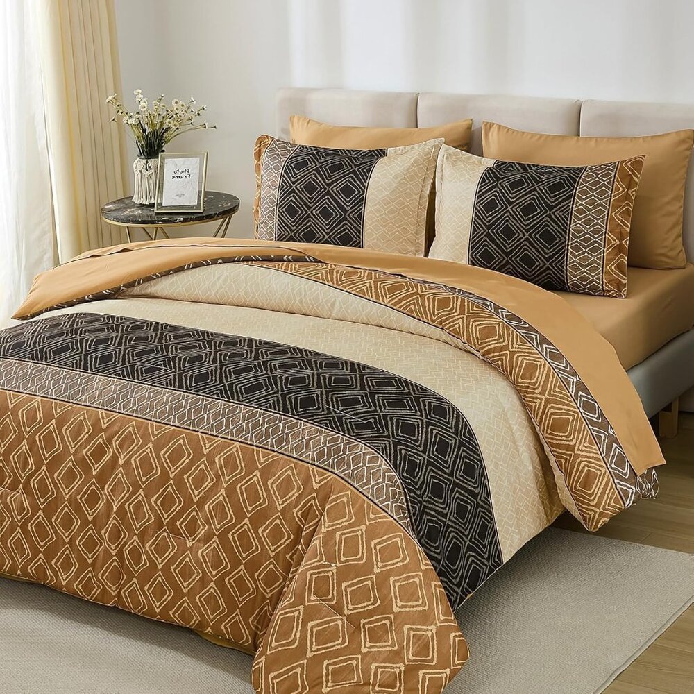 NEW! 7 Pieces Soft Boho Striped Brown Complete Bedding Comforters Set